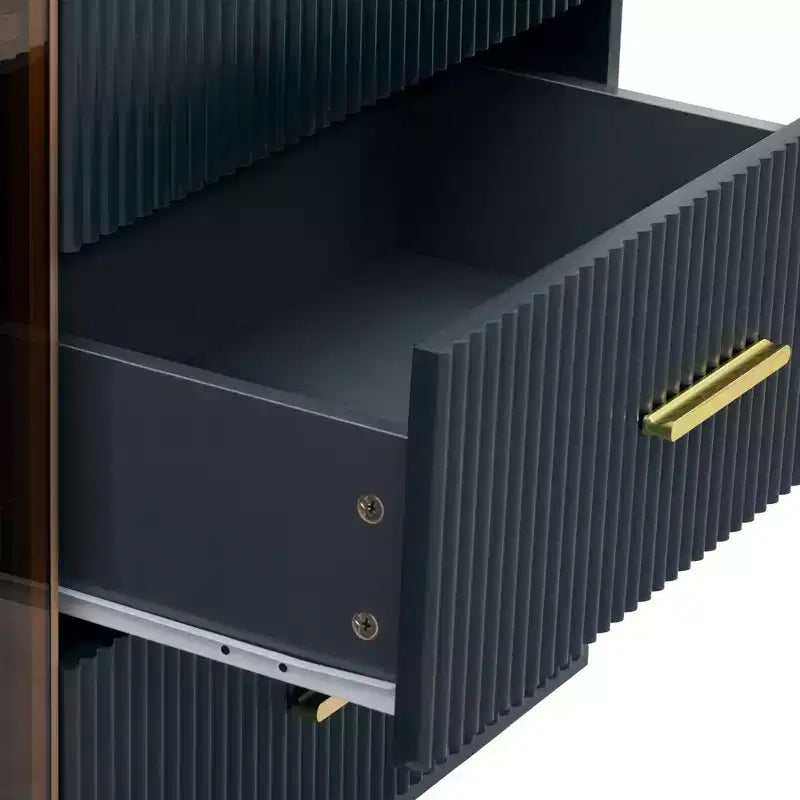 Buffet moderne avec plateau effet marbre, pieds et poignées en métal doré – Meuble de rangement de 152 cm avec tiroirs et portes vitrées