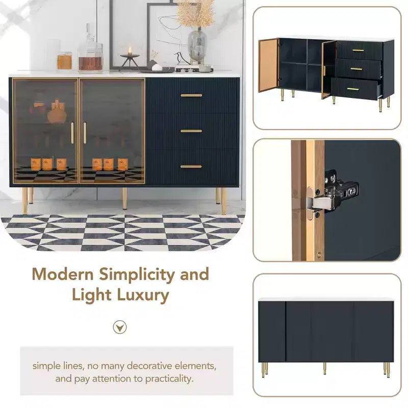Buffet moderne avec plateau effet marbre, pieds et poignées en métal doré – Meuble de rangement de 152 cm avec tiroirs et portes vitrées