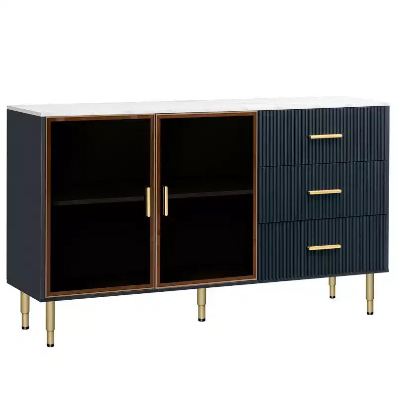 Buffet moderne avec plateau effet marbre, pieds et poignées en métal doré – Meuble de rangement de 152 cm avec tiroirs et portes vitrées