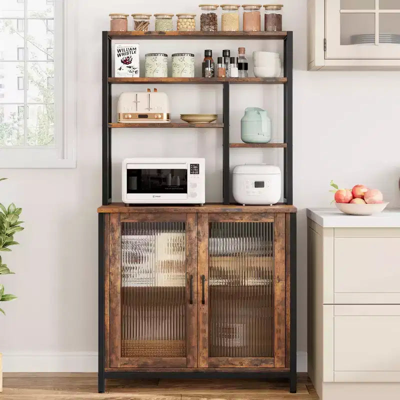 Étagère de boulanger à 5 niveaux avec armoire et crochets - Support à micro-ondes vintage et station de café de 162 cm
