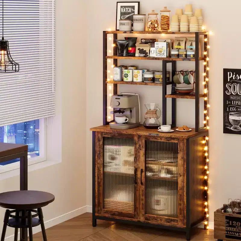 Étagère de boulanger à 5 niveaux avec armoire et crochets - Support à micro-ondes vintage et station de café de 162 cm