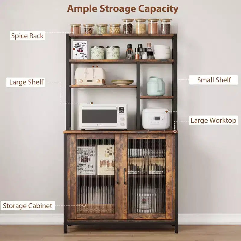 Étagère de boulanger à 5 niveaux avec armoire et crochets - Support à micro-ondes vintage et station de café de 162 cm