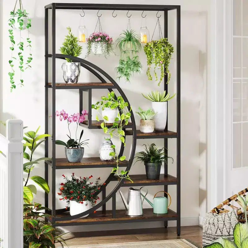 Étagère décorative en demi-lune à 7 niveaux avec 6 crochets en S - Étagère de présentation et support pour plantes en métal de 180 cm