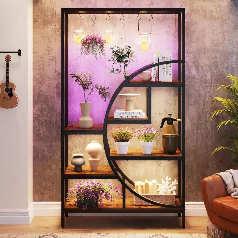 Étagère décorative en demi-lune à 7 niveaux avec 6 crochets en S - Étagère de présentation et support pour plantes en métal de 180 cm