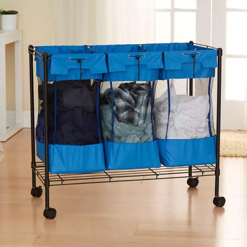 Trieur de linge à roulettes, trois sacs en filet amovibles, bleu et noir