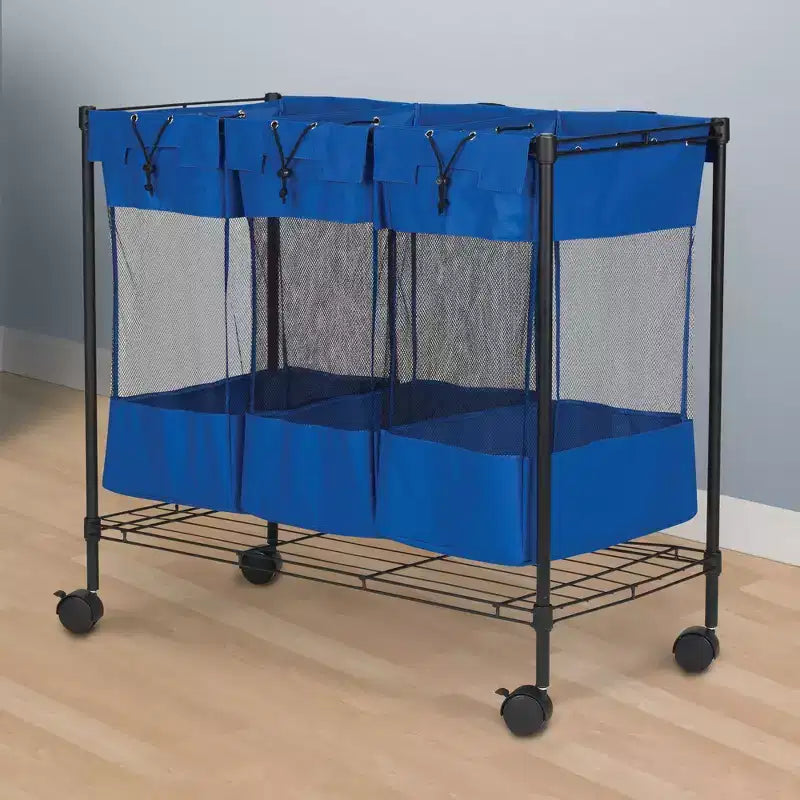 Trieur de linge à roulettes, trois sacs en filet amovibles, bleu et noir