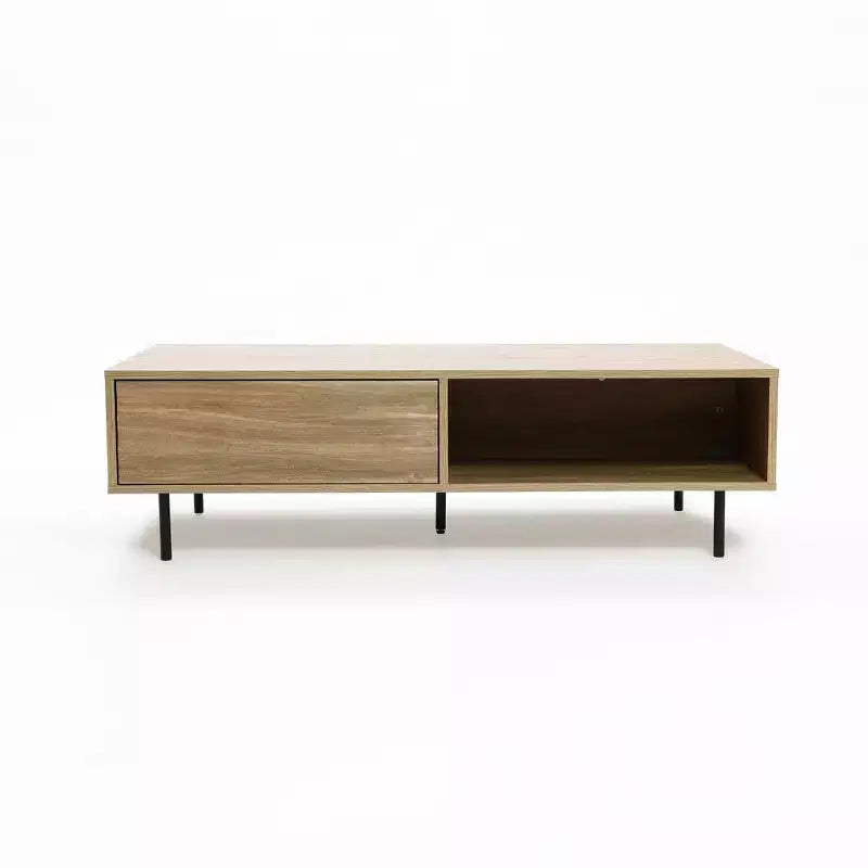 LuxenHome Mid-Century Modern Coffee Table, Wave Design Wood Table with Metal Legs, Drawer & Shelf, Farmhouse Accent Table for Living Room Brown