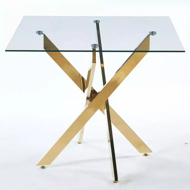 Table de salle à manger ronde en verre trempé avec pieds en métal croisés - Table de salon peu encombrante