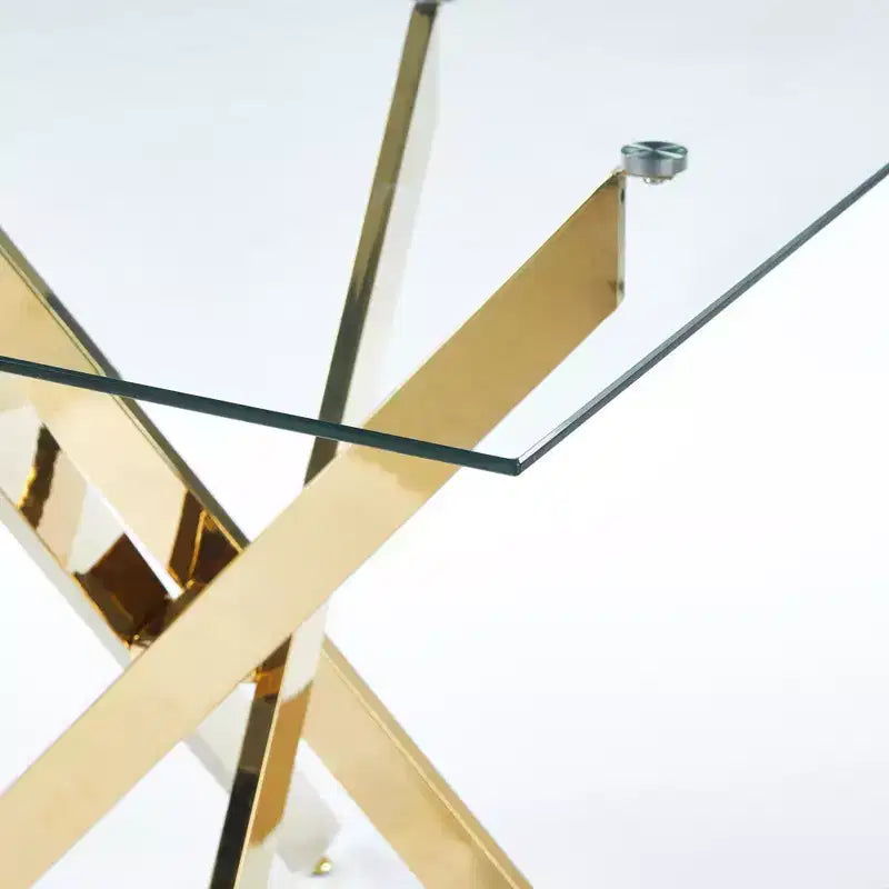 Table de salle à manger ronde en verre trempé avec pieds en métal croisés - Table de salon peu encombrante