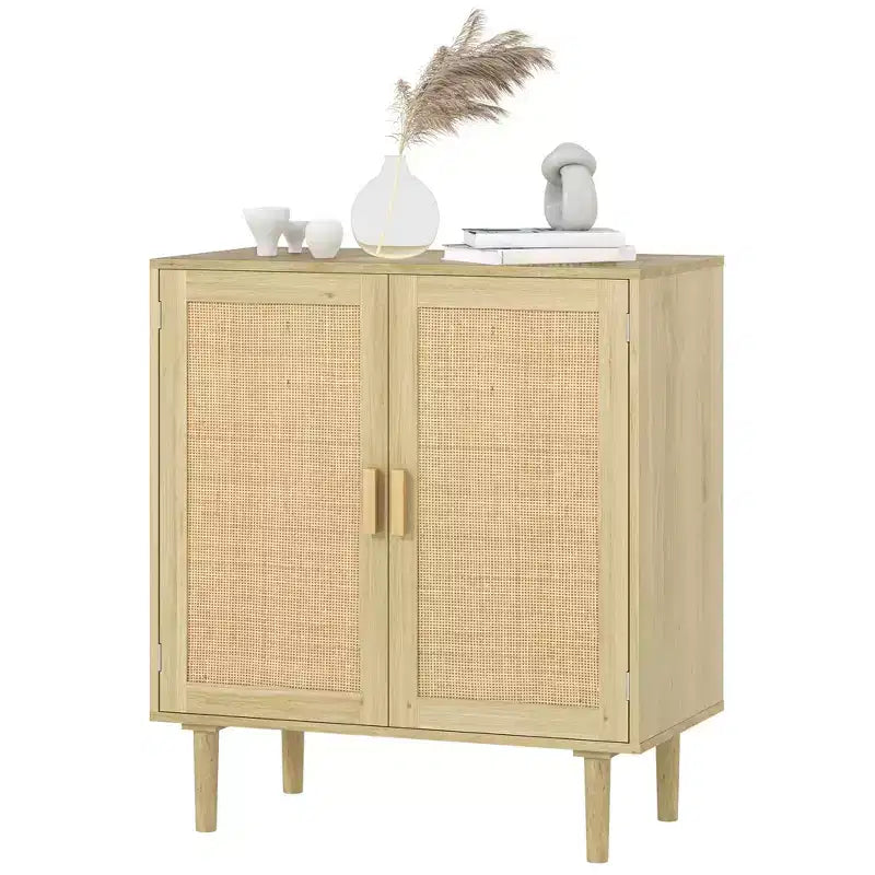 Buffet bahut bohème avec portes et étagères en rotin - Meuble de bar à café pour salon et couloir
