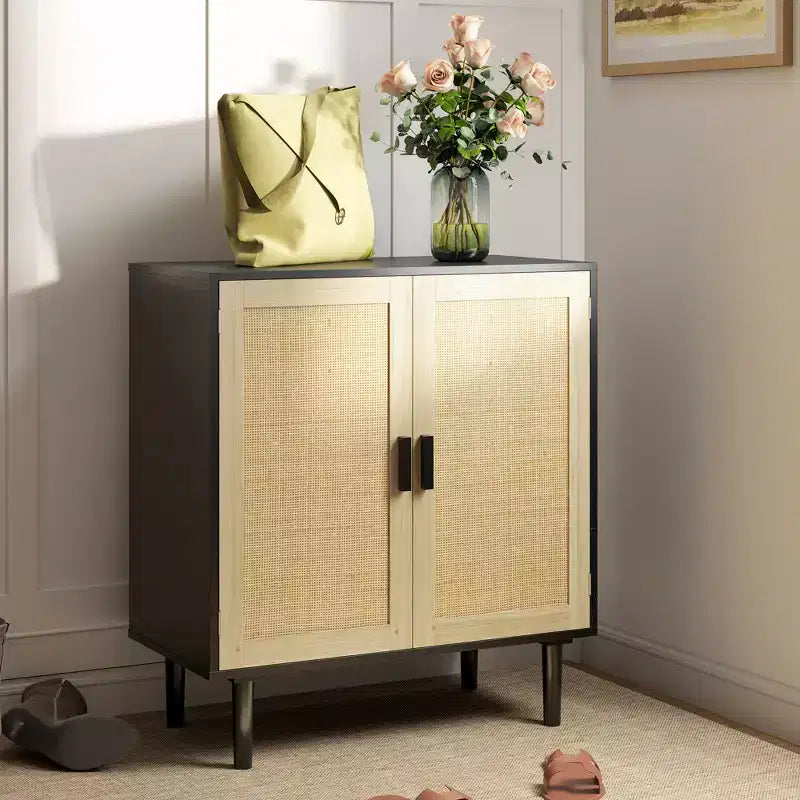 Buffet bahut bohème avec portes et étagères en rotin - Meuble de bar à café pour salon et couloir