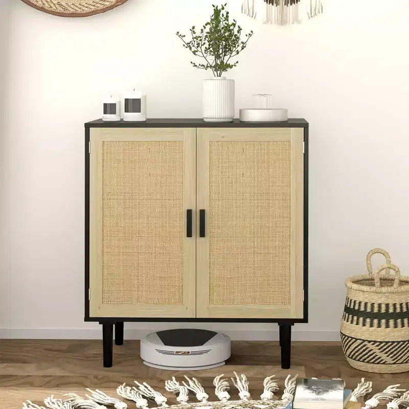 Buffet bahut bohème avec portes et étagères en rotin - Meuble de bar à café pour salon et couloir