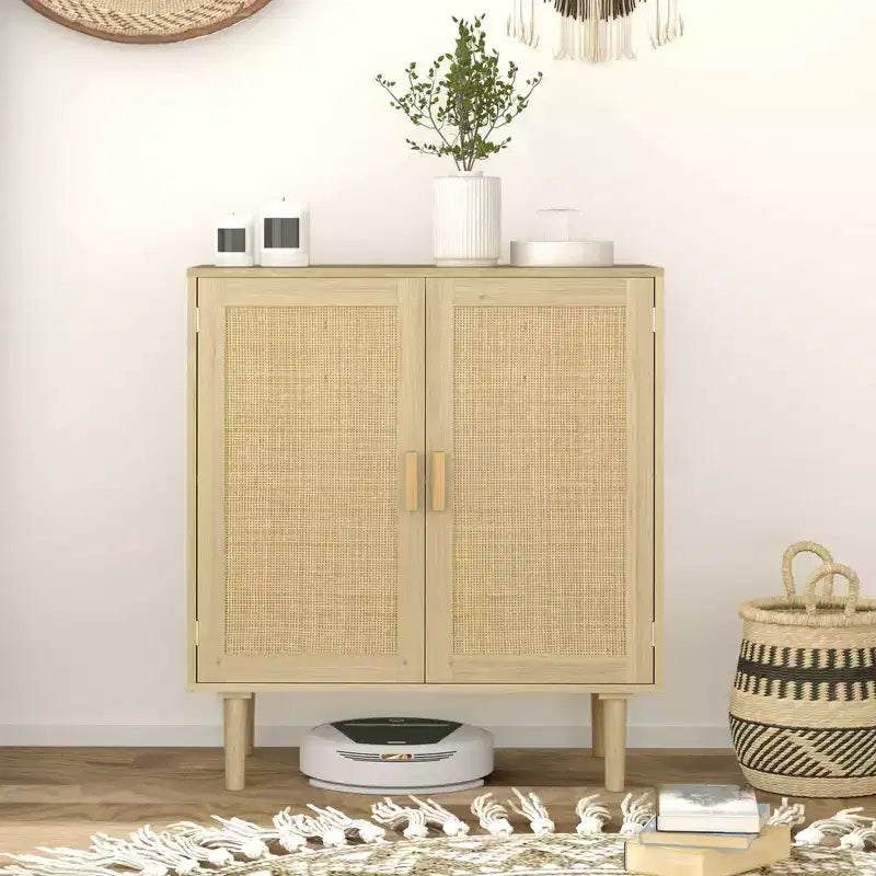 Buffet bahut bohème avec portes et étagères en rotin - Meuble de bar à café pour salon et couloir
