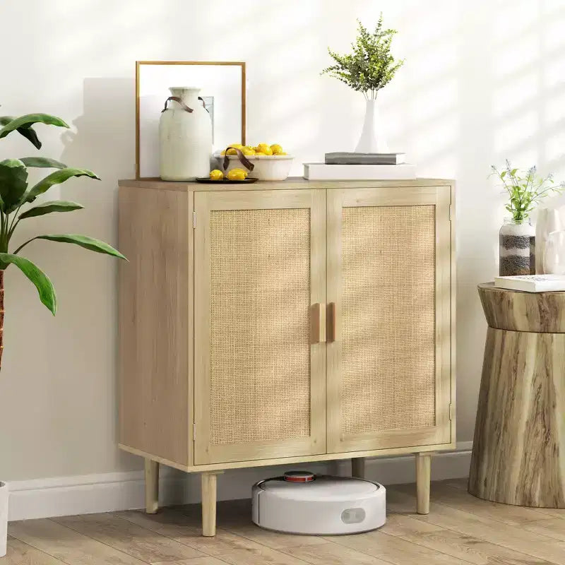 Buffet bahut bohème avec portes et étagères en rotin - Meuble de bar à café pour salon et couloir