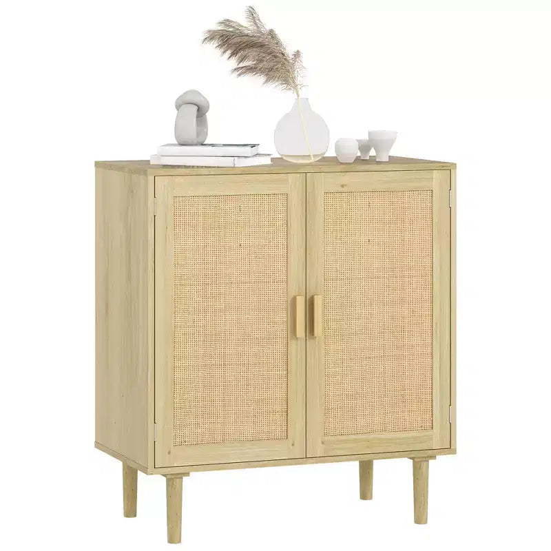 Buffet bahut bohème avec portes et étagères en rotin - Meuble de bar à café pour salon et couloir