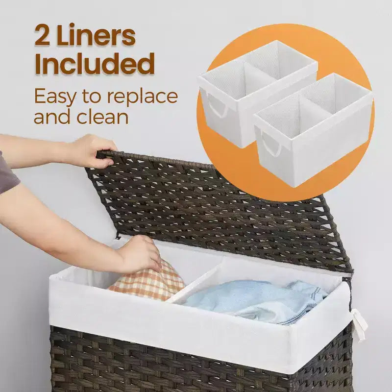 Panier à linge 110L avec couvercle, panier à linge avec 2 sacs de doublure amovibles, panier à linge double en osier pour salle de bain