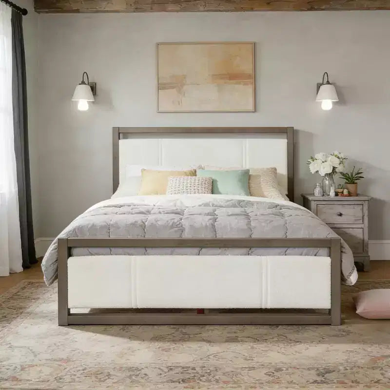 Christopher Knight Home Bellane Modern Wood Platform Bed Frame with Ivory Boucle Headboard