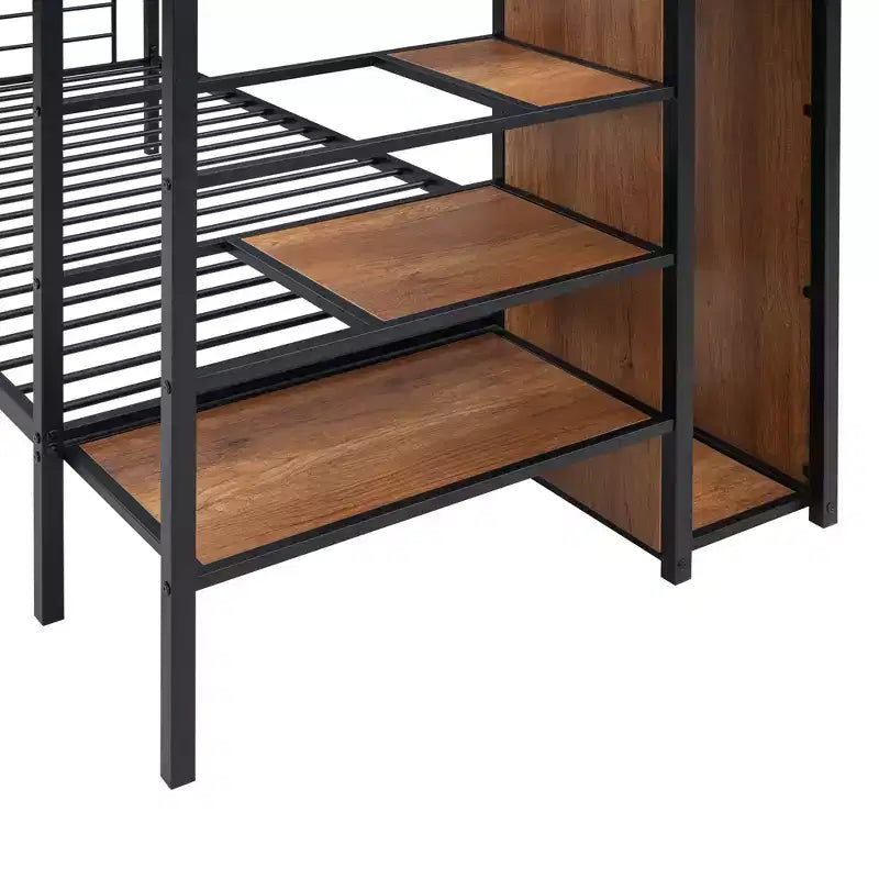 Lit superposé Whisen design élégant avec cadre en métal, échelle de rangement latérale et armoire