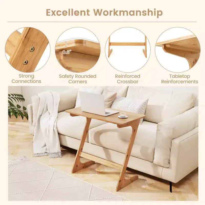 Table d'appoint de canapé Costway en bambou en forme de Z avec plateau spacieux, table de chevet peu encombrante, plateau de collation TV naturel/marron