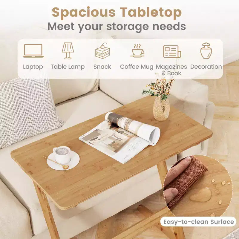 Table d'appoint de canapé Costway en bambou en forme de Z avec plateau spacieux, table de chevet peu encombrante, plateau de collation TV naturel/marron