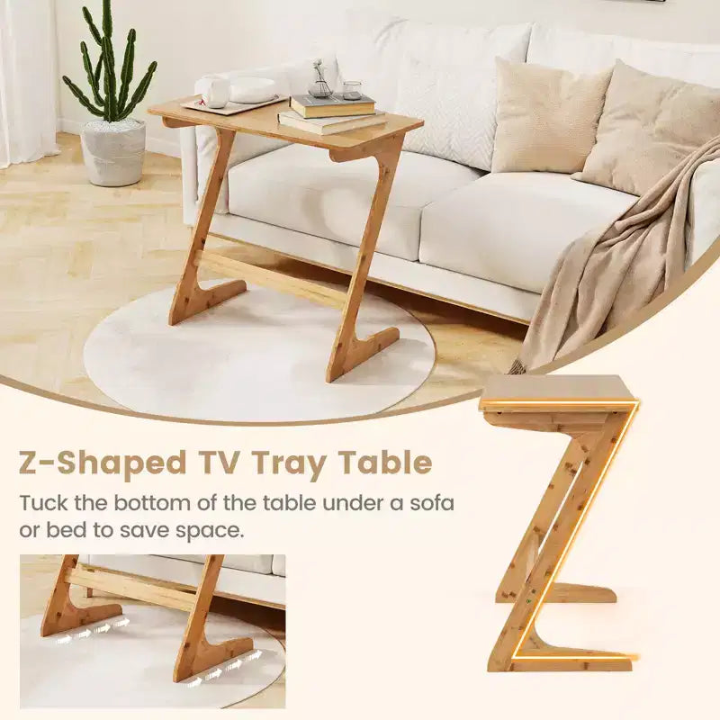 Table d'appoint de canapé Costway en bambou en forme de Z avec plateau spacieux, table de chevet peu encombrante, plateau de collation TV naturel/marron