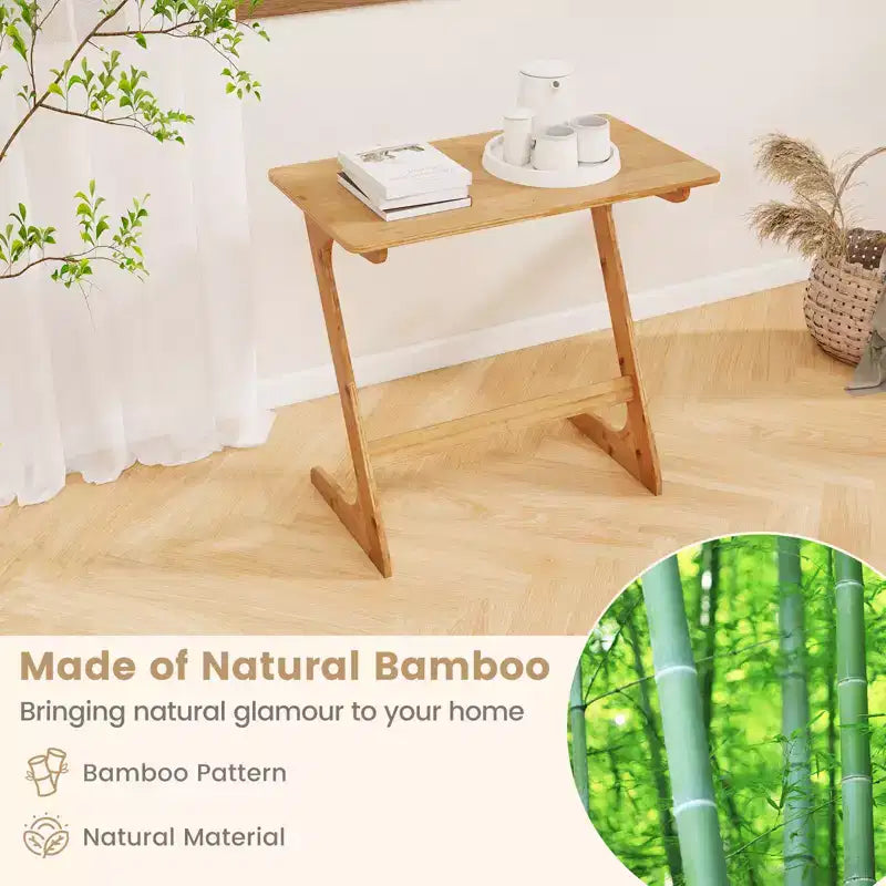 Table d'appoint de canapé Costway en bambou en forme de Z avec plateau spacieux, table de chevet peu encombrante, plateau de collation TV naturel/marron