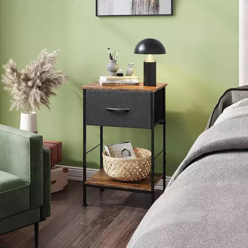 Table d'appoint avec tiroir de rangement en tissu, meuble de chevet avec cadre en acier, table d'appoint pour chambre à coucher, dortoir, assemblage facile