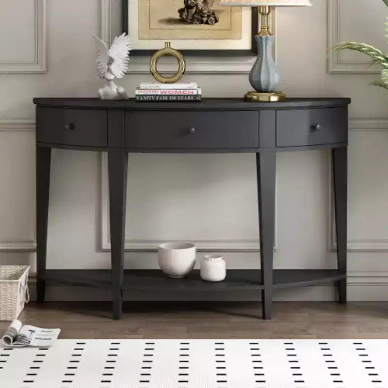 Console moderne incurvée Table de canapé avec 3 tiroirs et 1 étagère pour couloir, entrée, salon
