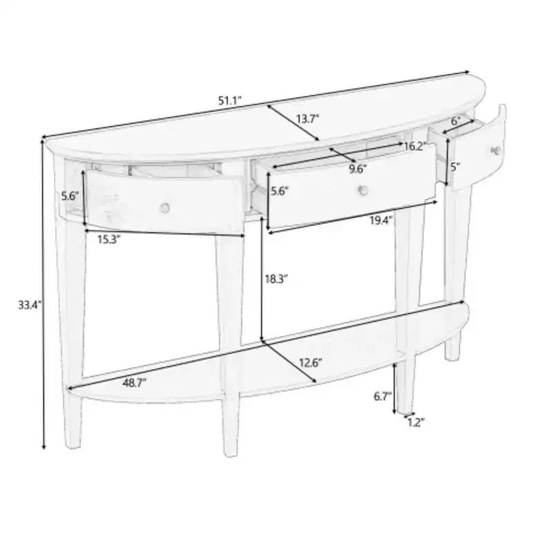Console moderne incurvée Table de canapé avec 3 tiroirs et 1 étagère pour couloir, entrée, salon