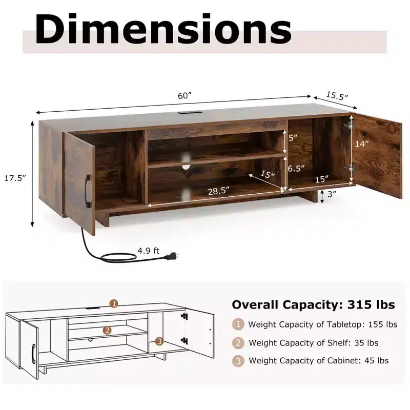 Meuble TV moderne pour téléviseurs de 70 pouces avec prise de courant, ports USB et gestion des câbles - Centre de divertissement avec rangement