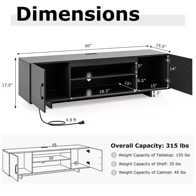 Meuble TV moderne pour téléviseurs de 70 pouces avec prise de courant, ports USB et gestion des câbles - Centre de divertissement avec rangement