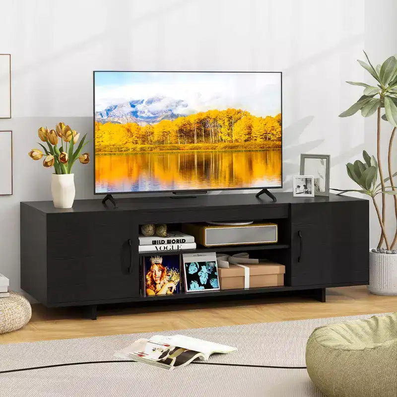 Meuble TV moderne pour téléviseurs de 70 pouces avec prise de courant, ports USB et gestion des câbles - Centre de divertissement avec rangement