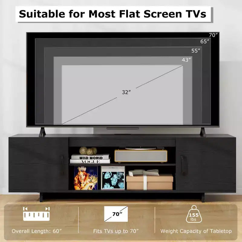 Meuble TV moderne pour téléviseurs de 70 pouces avec prise de courant, ports USB et gestion des câbles - Centre de divertissement avec rangement