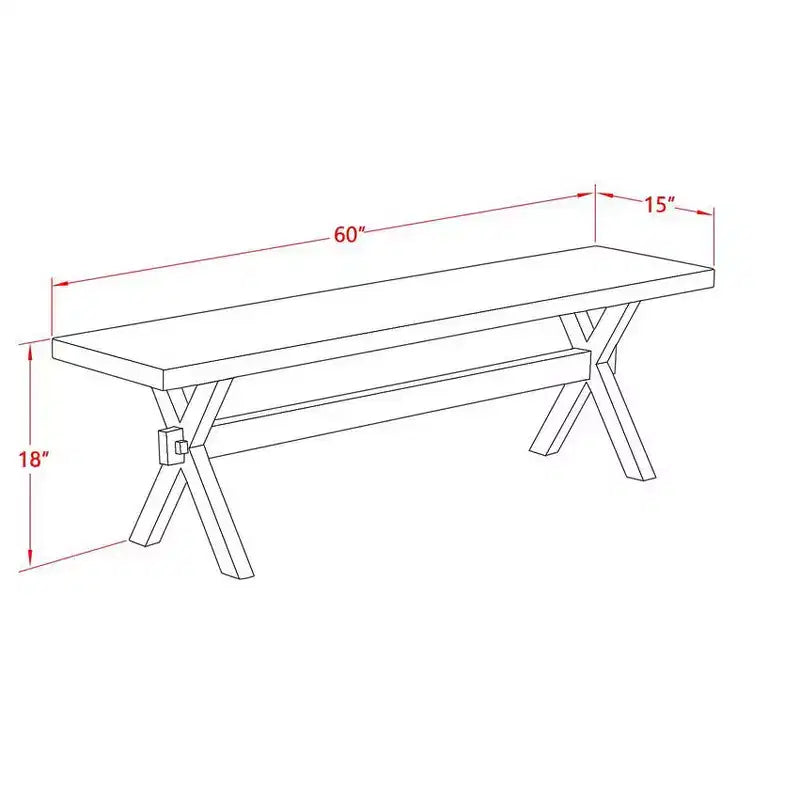 Banc de salle à manger moderne de style X avec siège en bois - 60x15x18 pouces, en bois d'hévéa et structure métallique