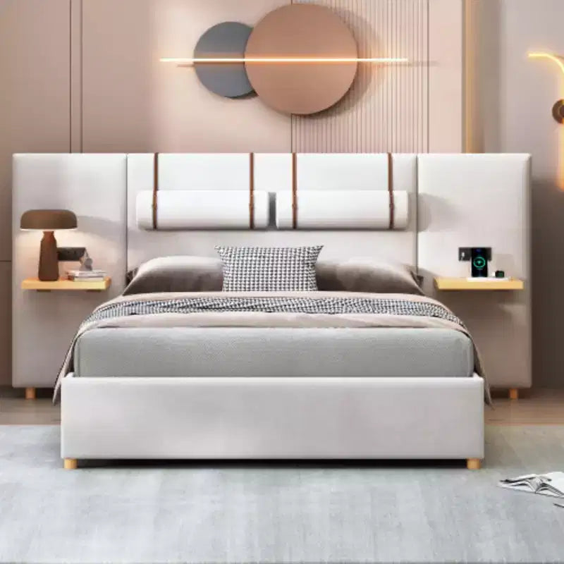 Lit plateforme Queen en velours avec oreillers de chevet, étagères de rangement et deux prises avec ports USB