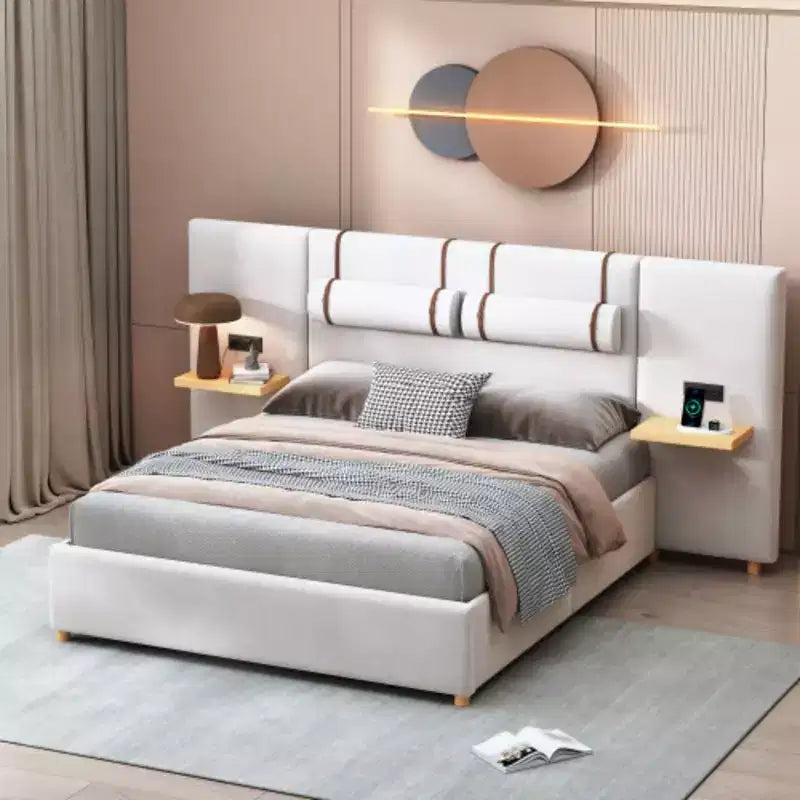 Queen Velvet Platform Bed with Bedside Pillows, Storage Shelves, and Dual Outlets with USB Ports