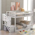 Twin over Twin Floor Bunk Bed in White, featuring Ladder with Storage