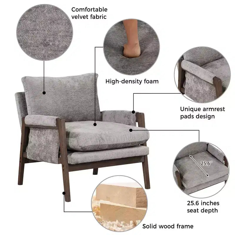 Fauteuil d'appoint en velours Mid-Century Modern - Fauteuil moelleux avec cadre en bois d'hévéa massif