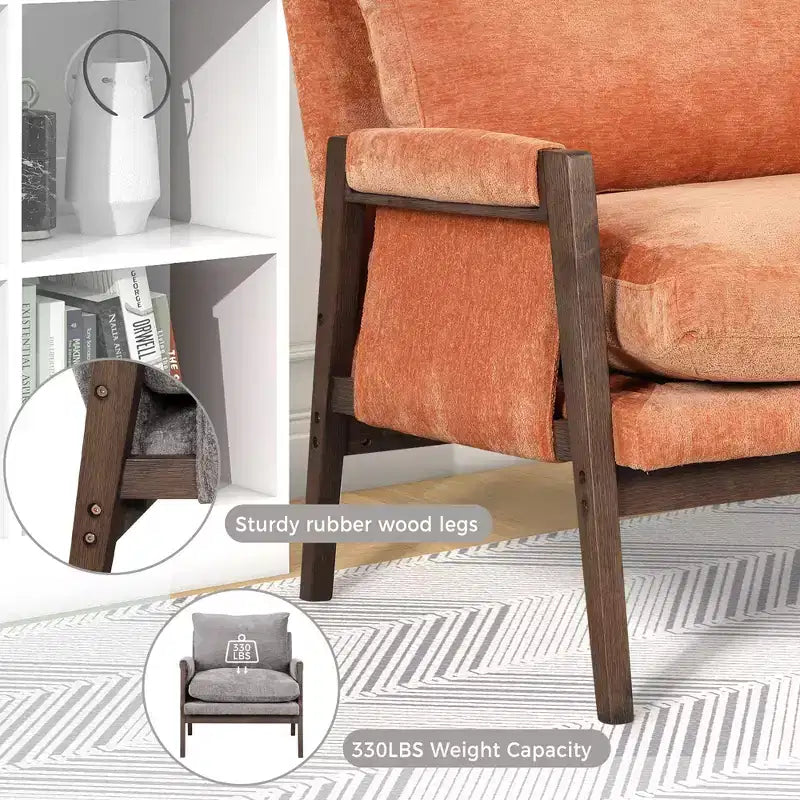 Fauteuil d'appoint en velours Mid-Century Modern - Fauteuil moelleux avec cadre en bois d'hévéa massif