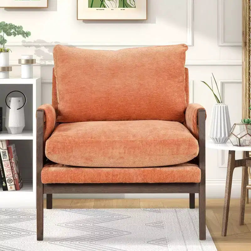 Fauteuil d'appoint en velours Mid-Century Modern - Fauteuil moelleux avec cadre en bois d'hévéa massif