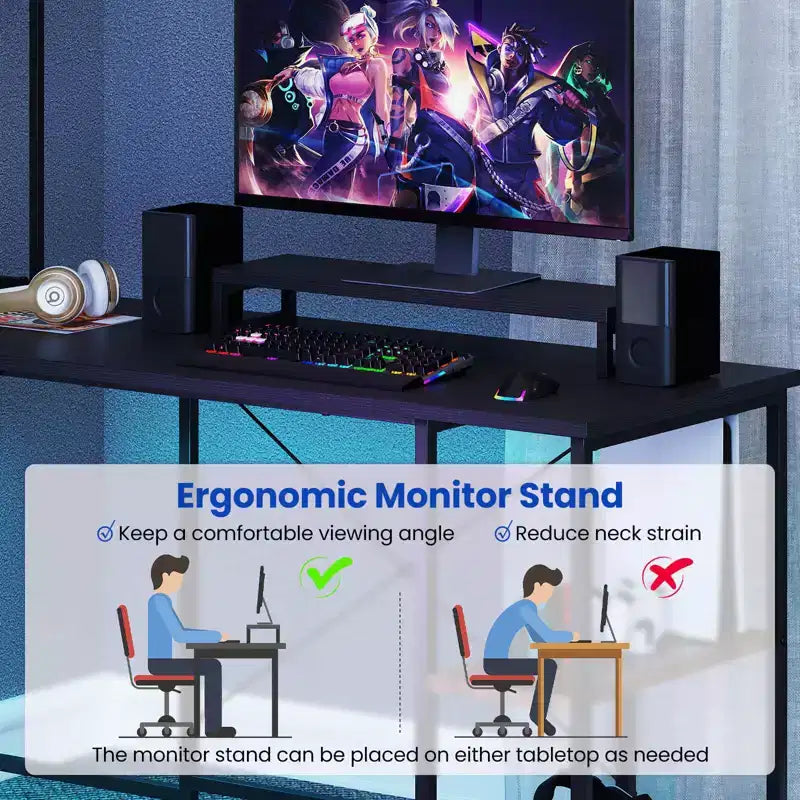 Bureau de jeu en L avec bande LED RGB, prises de courant et étagère - Support d'écran, support de tour d'ordinateur, design réversible