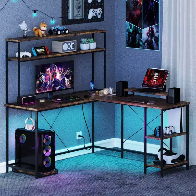 Bureau de jeu en L avec bande LED RGB, prises de courant et étagère - Support d'écran, support de tour d'ordinateur, design réversible