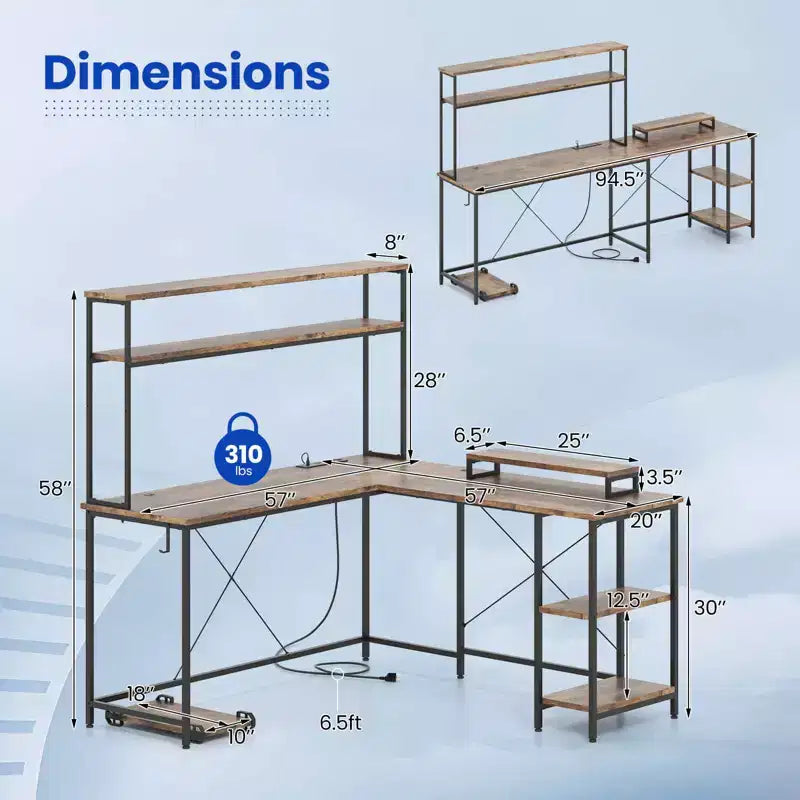 Bureau de jeu en L avec bande LED RGB, prises de courant et étagère - Support d'écran, support de tour d'ordinateur, design réversible