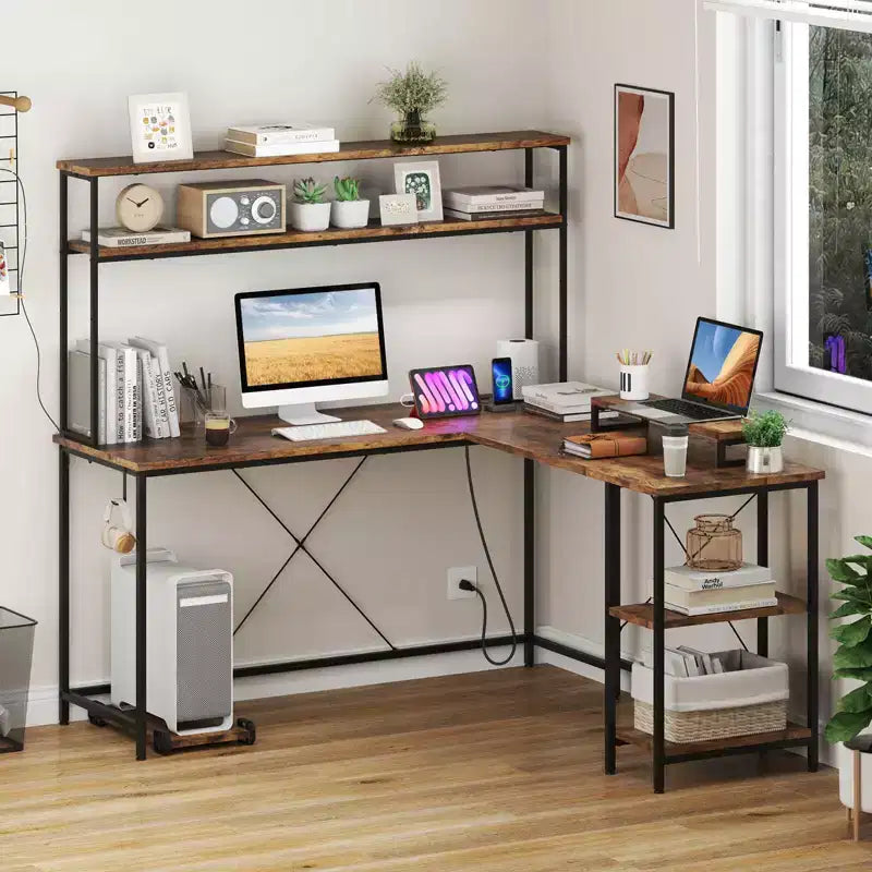 Bureau de jeu en L avec bande LED RGB, prises de courant et étagère - Support d'écran, support de tour d'ordinateur, design réversible