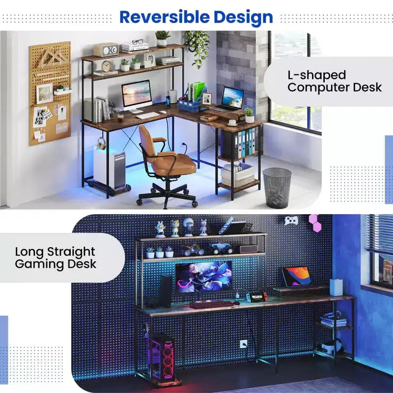 Bureau de jeu en L avec bande LED RGB, prises de courant et étagère - Support d'écran, support de tour d'ordinateur, design réversible