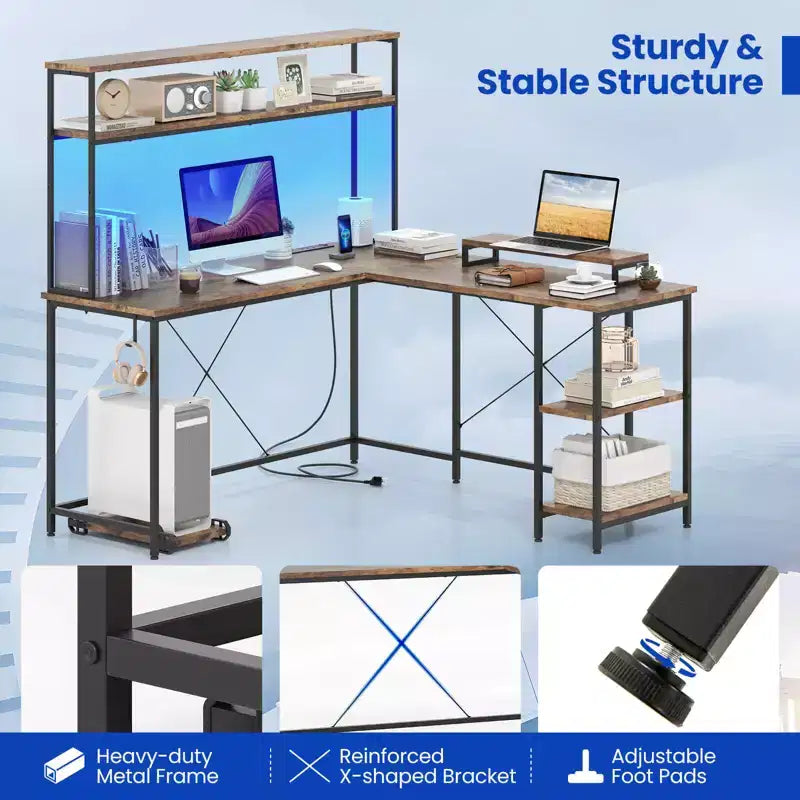 Bureau de jeu en L avec bande LED RGB, prises de courant et étagère - Support d'écran, support de tour d'ordinateur, design réversible