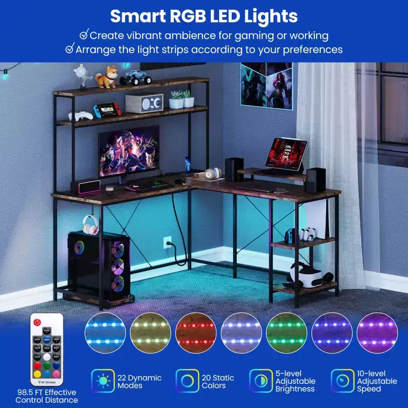Bureau de jeu en L avec bande LED RGB, prises de courant et étagère - Support d'écran, support de tour d'ordinateur, design réversible