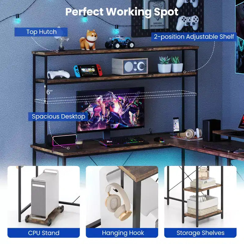 Bureau de jeu en L avec bande LED RGB, prises de courant et étagère - Support d'écran, support de tour d'ordinateur, design réversible