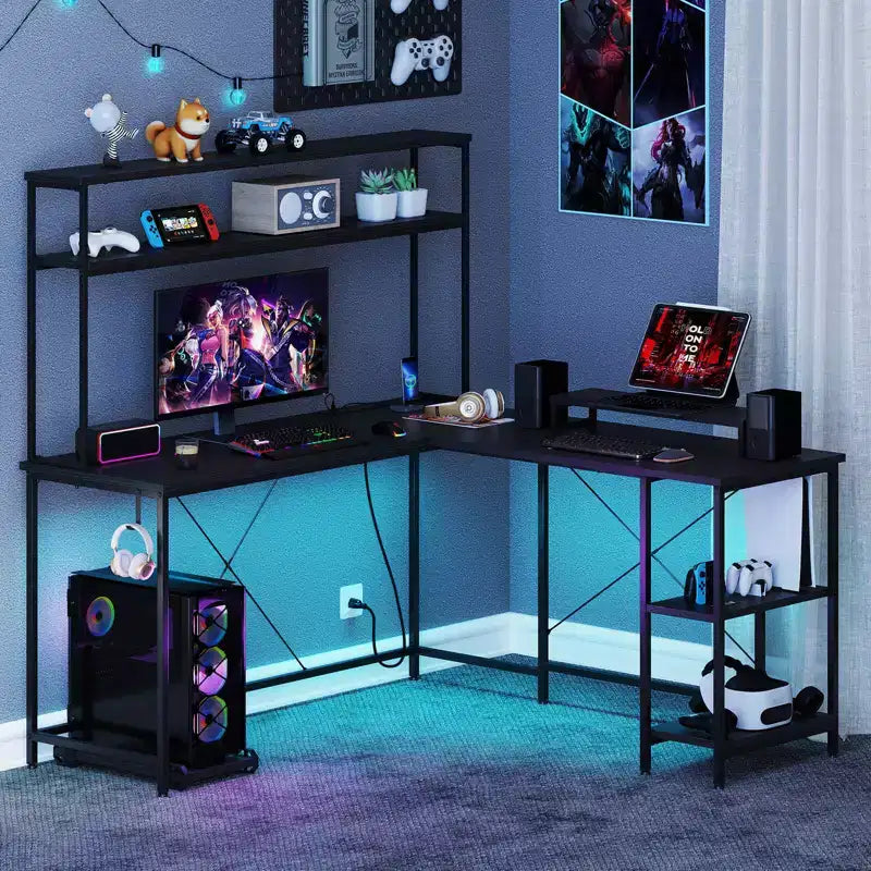 Bureau de jeu en L avec bande LED RGB, prises de courant et étagère - Support d'écran, support de tour d'ordinateur, design réversible
