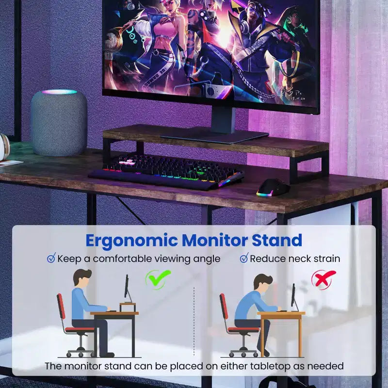 Bureau de jeu en L avec bande LED RGB, prises de courant et étagère - Support d'écran, support de tour d'ordinateur, design réversible
